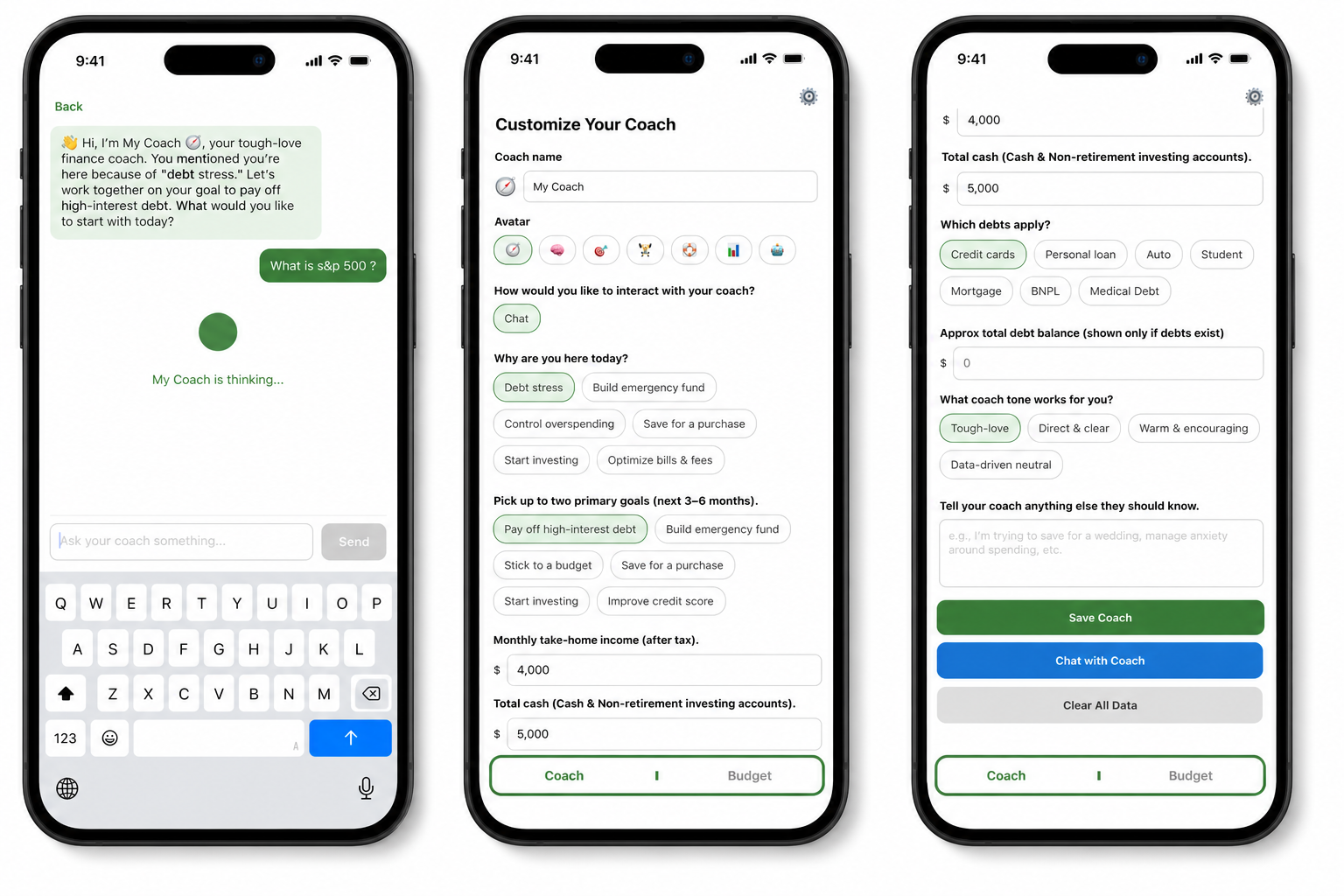 Money MVC app screens showing chat, coach customization, and setup options