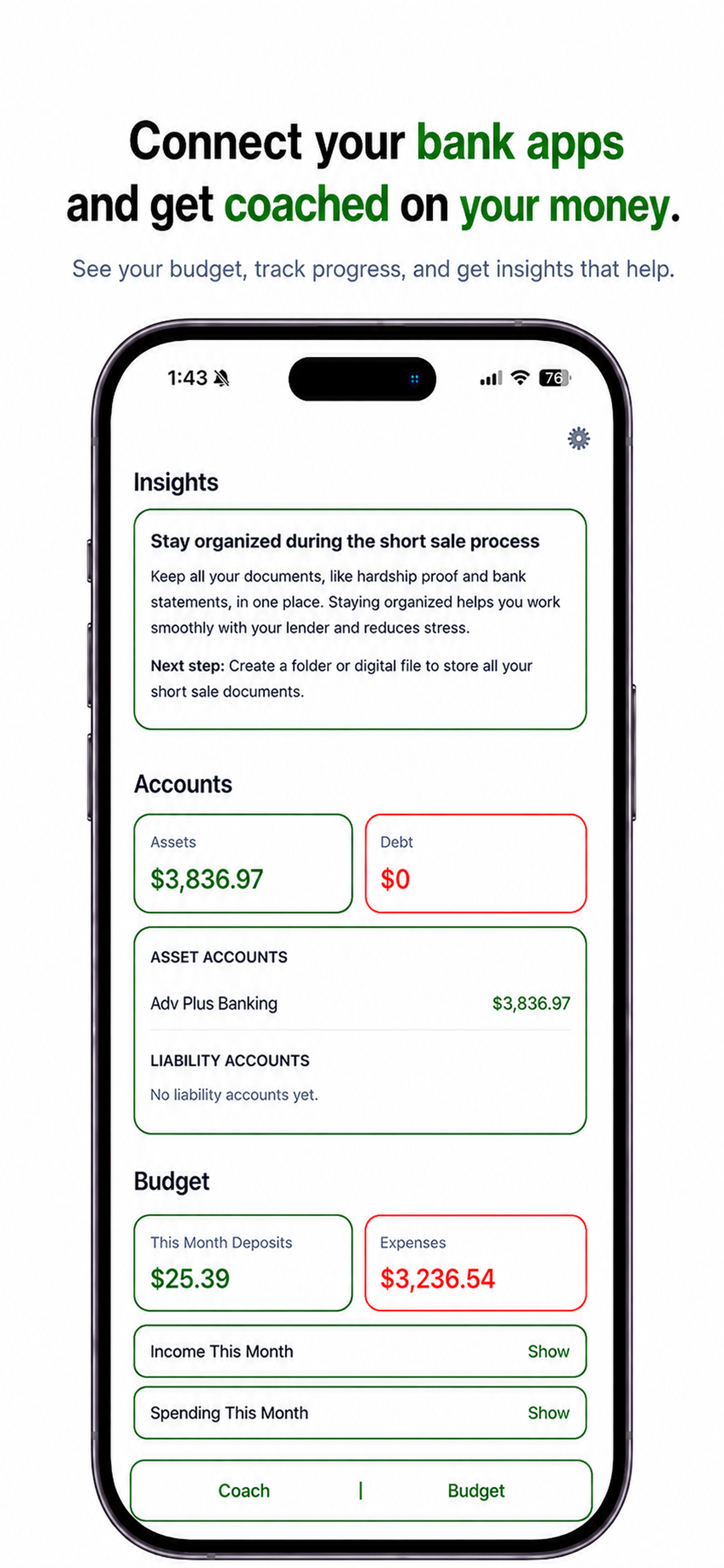 Money MVC dashboard showing connected account balances, monthly deposits, expenses, and income and spending details